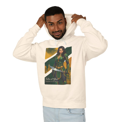 Talia al Ghul Hoodie | DC Comics Hoodie | Anime Assassin Warrior Pullover modeled by person wearing cream pullover with anime-style Talia illustration