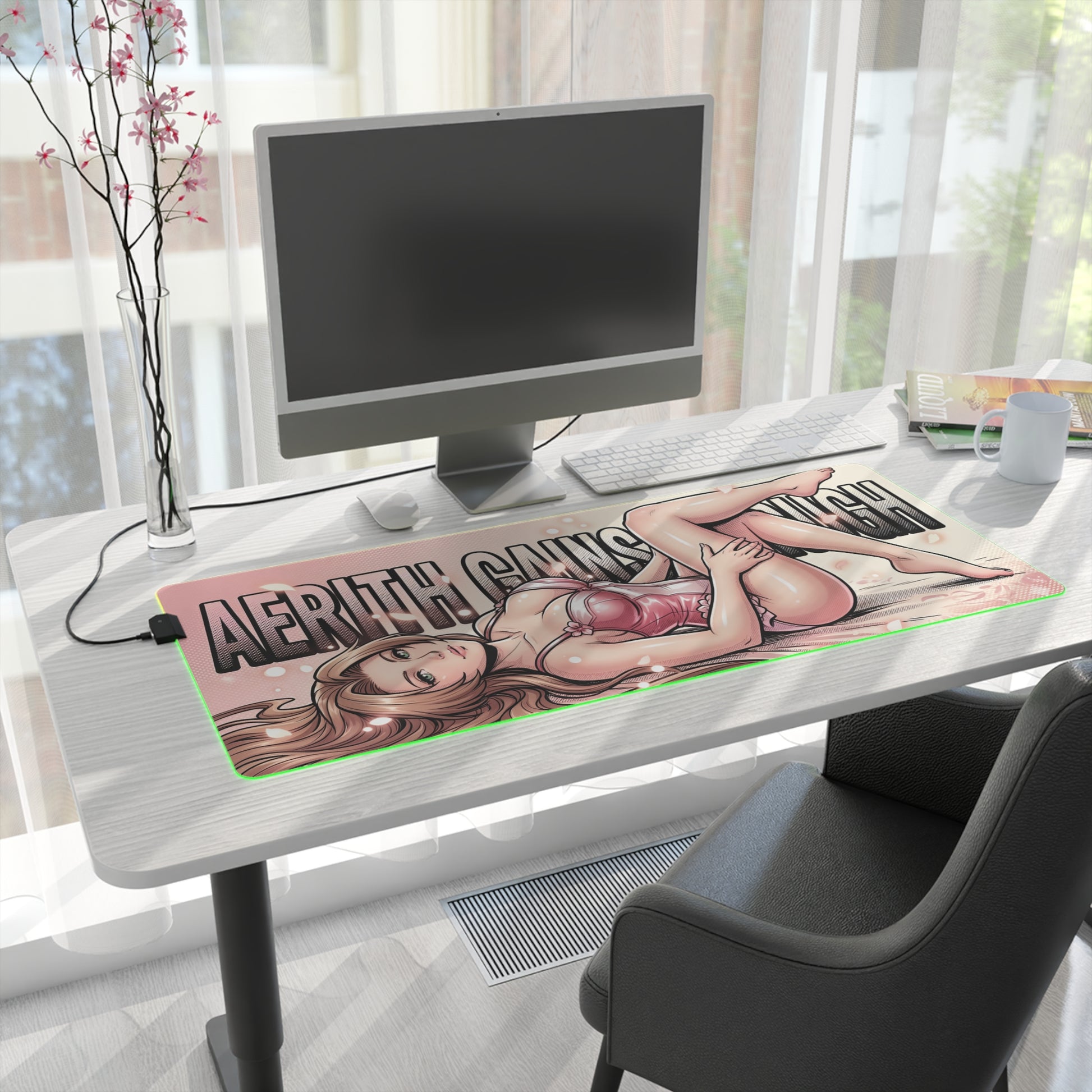 Aerith Gainsborough RGB Desk Mat, Final Fantasy Gaming Mouse Pad, LED Desk Mat featuring soft fantasy artwork and RGB lighting on a modern desk