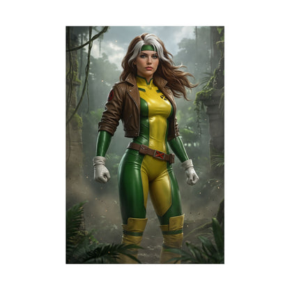 Rogue X-Men Poster – Iconic Mutant Heroine Wall Art for Gamer Decor featuring Rogue in green yellow suit and brown jacket