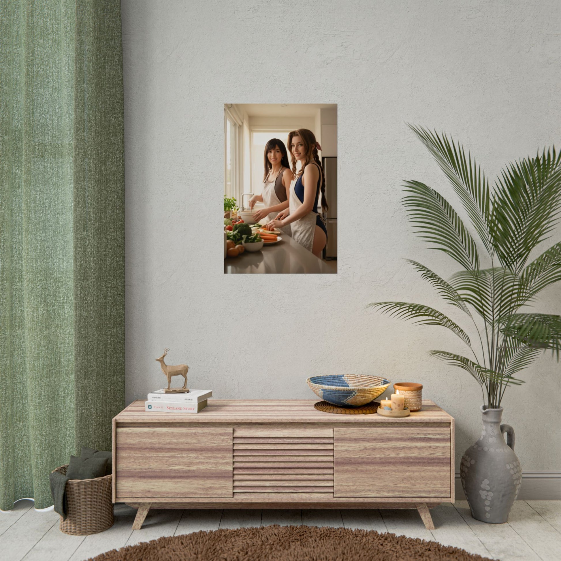 Tifa and Aerith Final Fantasy Poster – Iconic RPG Heroines Wall Art hanging in modern living room above console