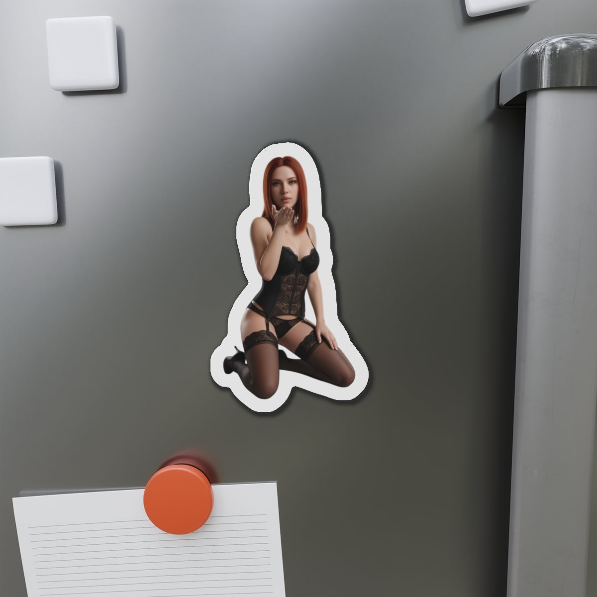 Black Widow Magnet – Marvel Heroine Fridge Magnet, Anime Style Decor: die-cut vinyl magnet of Black Widow in anime-style pose on fridge