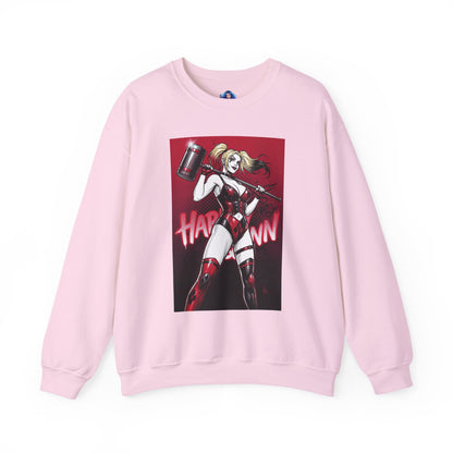 Harley Quinn Sweatshirt, DC Comics Pop Art Style, Premium Fan Apparel — pink crewneck with anime-inspired Harley holding oversized hammer