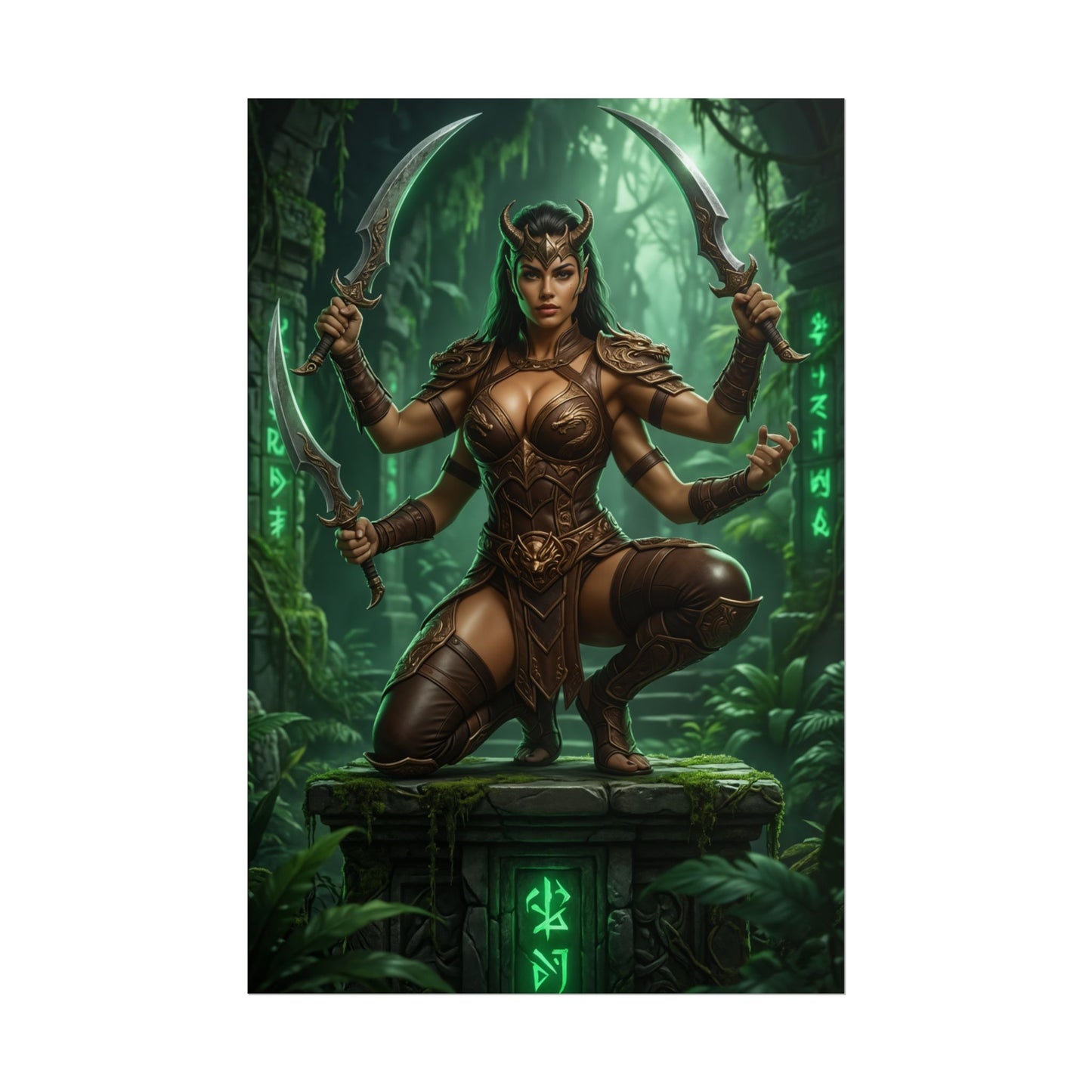 Sheeva Mortal Kombat Poster – Powerful Shokan Warrior Wall Art Decor woman warrior kneeling with four arms and curved blades in jungle shrine