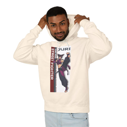Juri Hoodie | Street Fighter Hoodie | Anime Fighter Girl Pullover - cream pullover with bold Juri anime fighter graphic on model