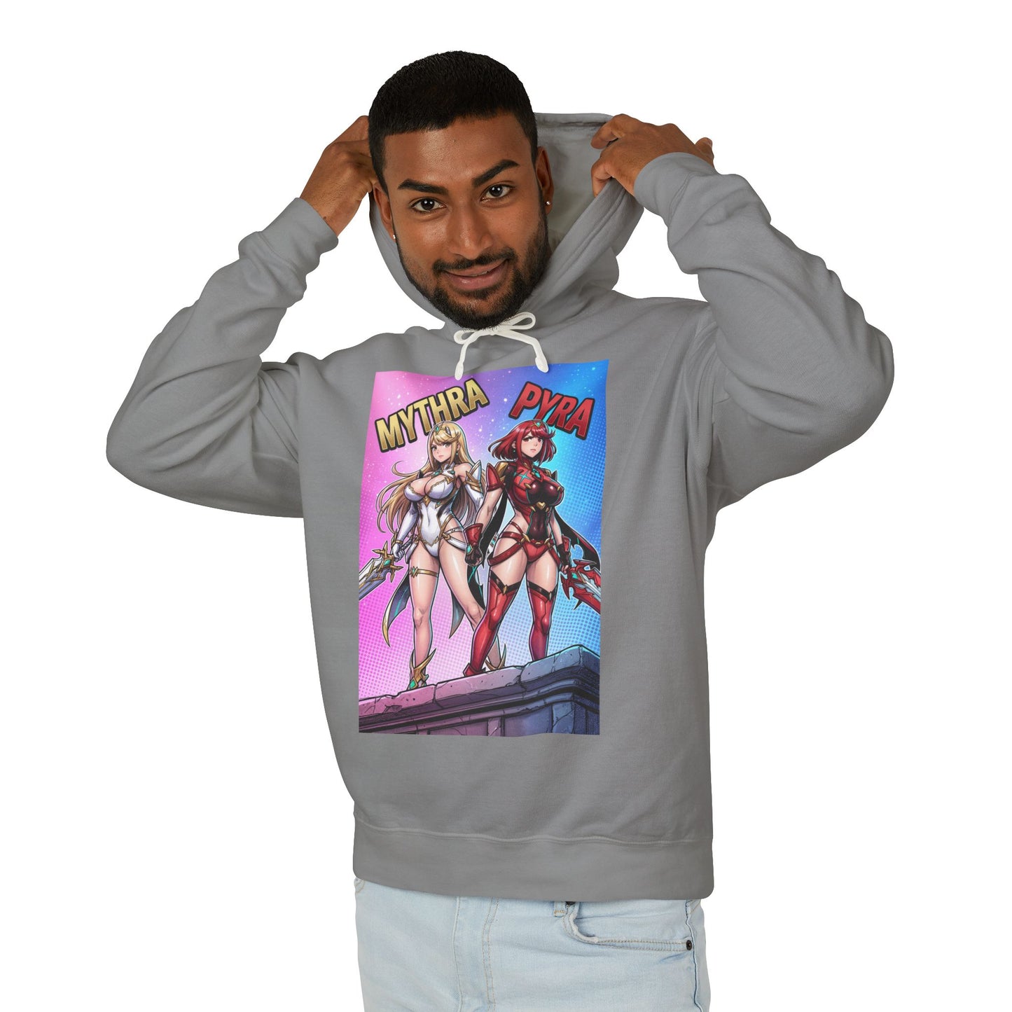 Mythra & Pyra Hoodie | JRPG Fantasy Hoodie | Anime Warrior Pullover model wearing gray hoodie with Mythra and Pyra artwork