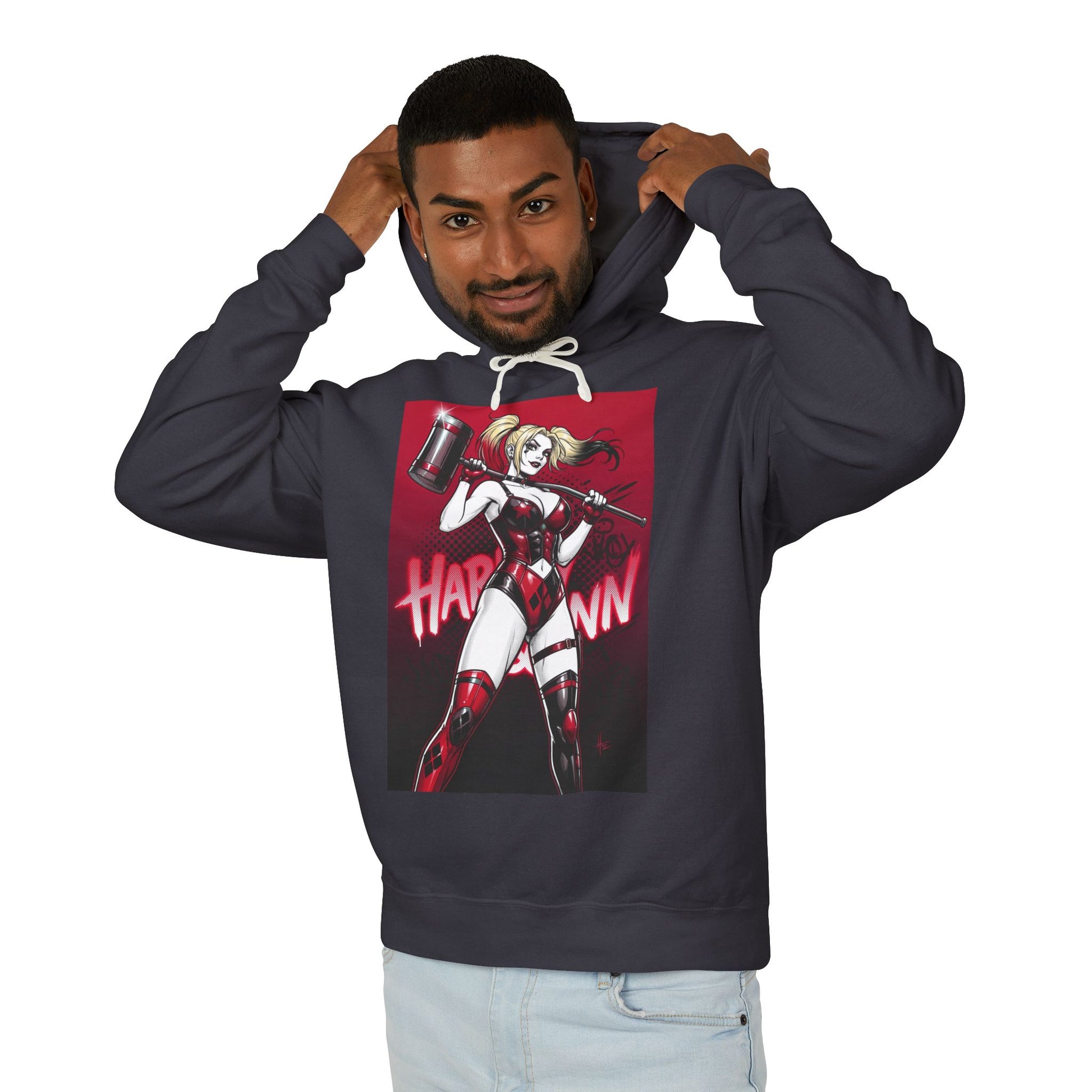 Harley Quinn Hoodie | DC Villain Hoodie | Chaos Queen Pullover - dark pullover with Harley Quinn graphic, hammer design, soft cotton streetwear