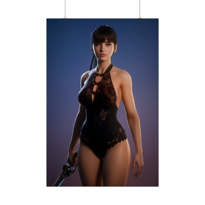 EVE Poster, Stellar Blade Art Print, Iconic Sci-Fi Action Hero Wall Decor featuring focused action heroine in sleek combat outfit holding blade