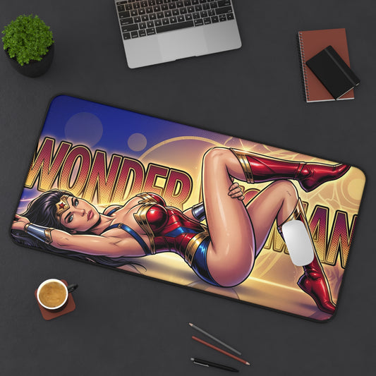 Wonder Woman Desk Mat, DC Hero Mouse Pad, Gaming Setup Desk Decor featuring reclining Wonder Woman art on a non-slip large gaming desk mat