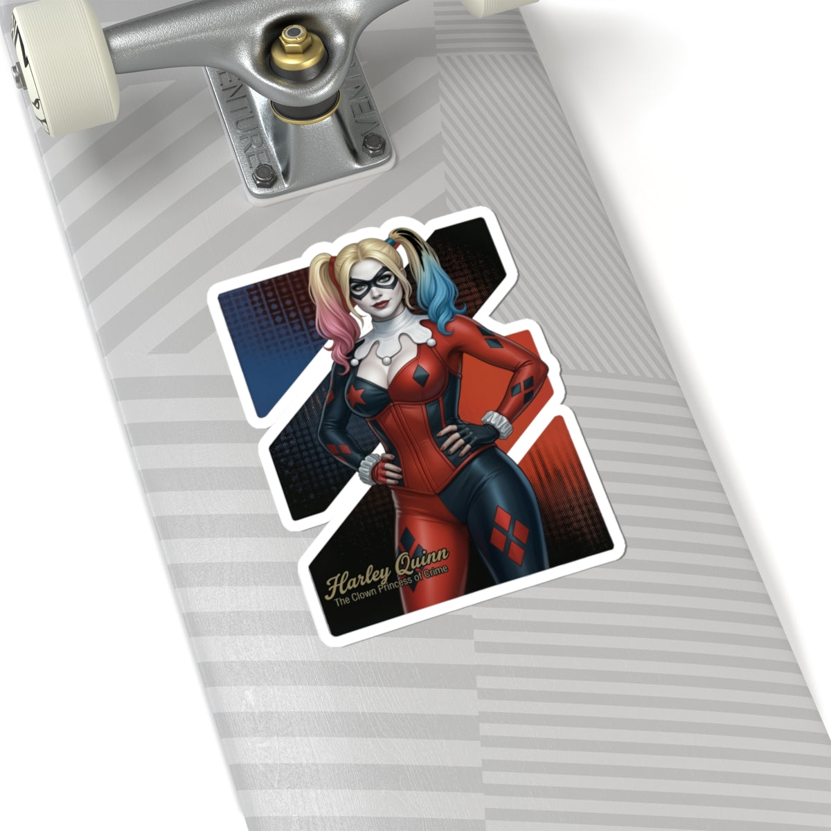 Harley Quinn Sticker – Comic Character Vinyl Sticker for Laptops & Indoor Decor on a skateboard deck, glossy vibrant vinyl with bold comic-style artwork