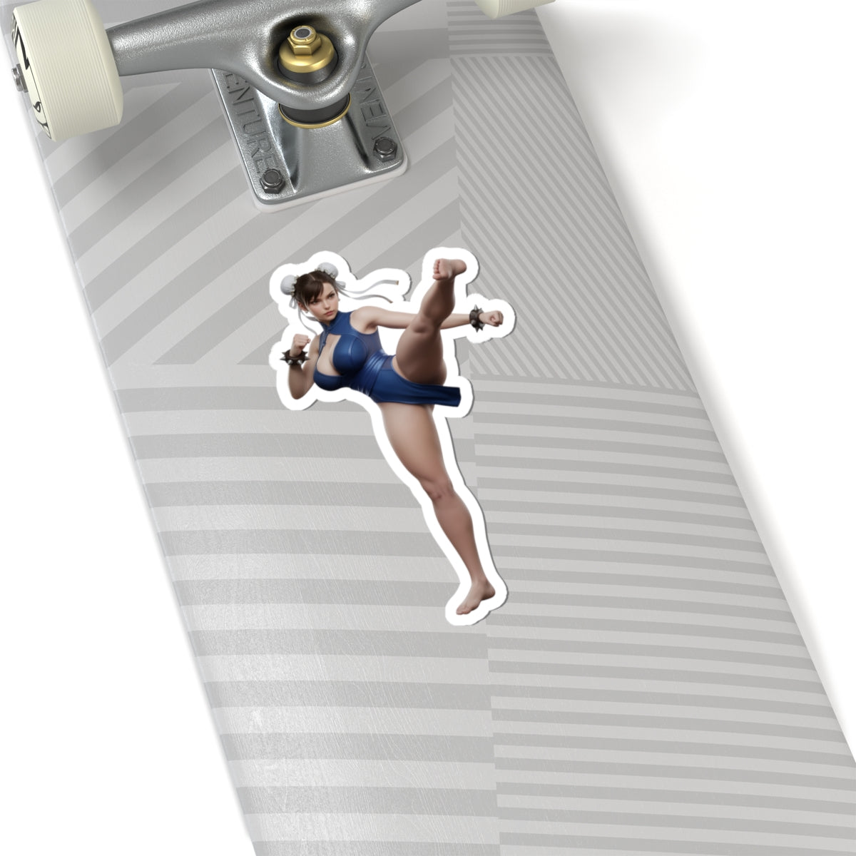 Chun-Li Sticker – Street Fighter Vinyl Sticker for Laptops & Indoor Decor on a skateboard deck, glossy durable vinyl, vibrant colors