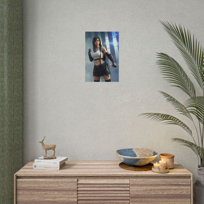 Tifa Lockhart Poster, Final Fantasy VII Art Print – Iconic RPG Heroine shown as a framed gamer room wall art above a console