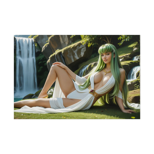 Waifu Wall Art Poster | C.C. Anime Print for Code Geass-Inspired Room — C.C. reclining by waterfall in white outfit, ultra-high resolution anime print
