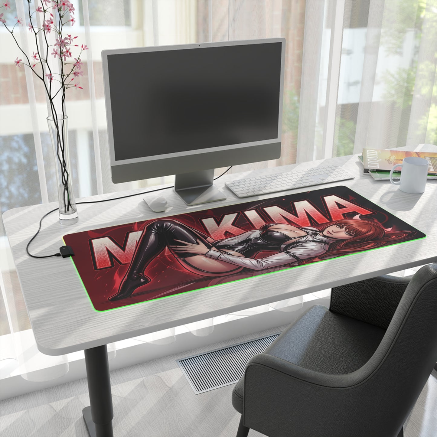 Makima RGB Desk Mat, Chainsaw Man Gaming Mouse Pad, LED Desk Mat for Anime Setup showing red Makima artwork on a large RGB desk mat at a modern computer station