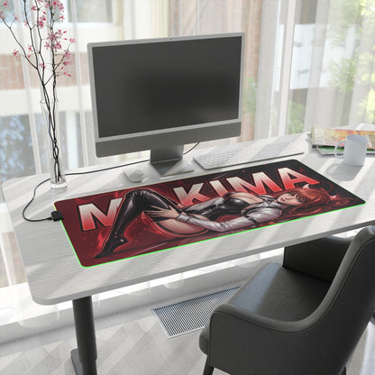 Makima RGB Desk Mat, Chainsaw Man Gaming Mouse Pad, LED Desk Mat for Anime Setup showing red Makima artwork on a large RGB desk mat at a modern computer station