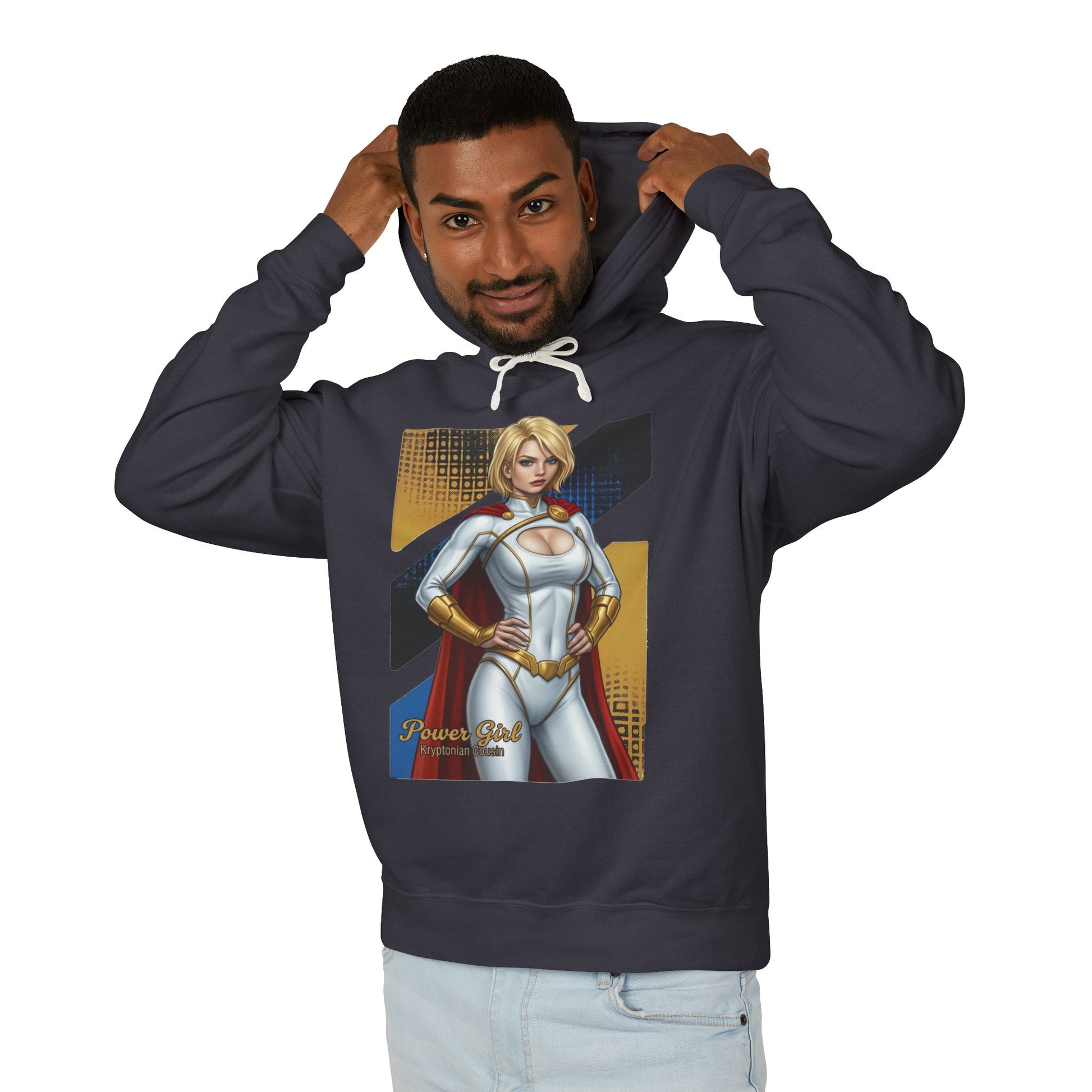 Power Girl Hoodie | DC Comics Hoodie | Anime Superheroine Pullover – navy pullover with anime Power Girl illustration on front