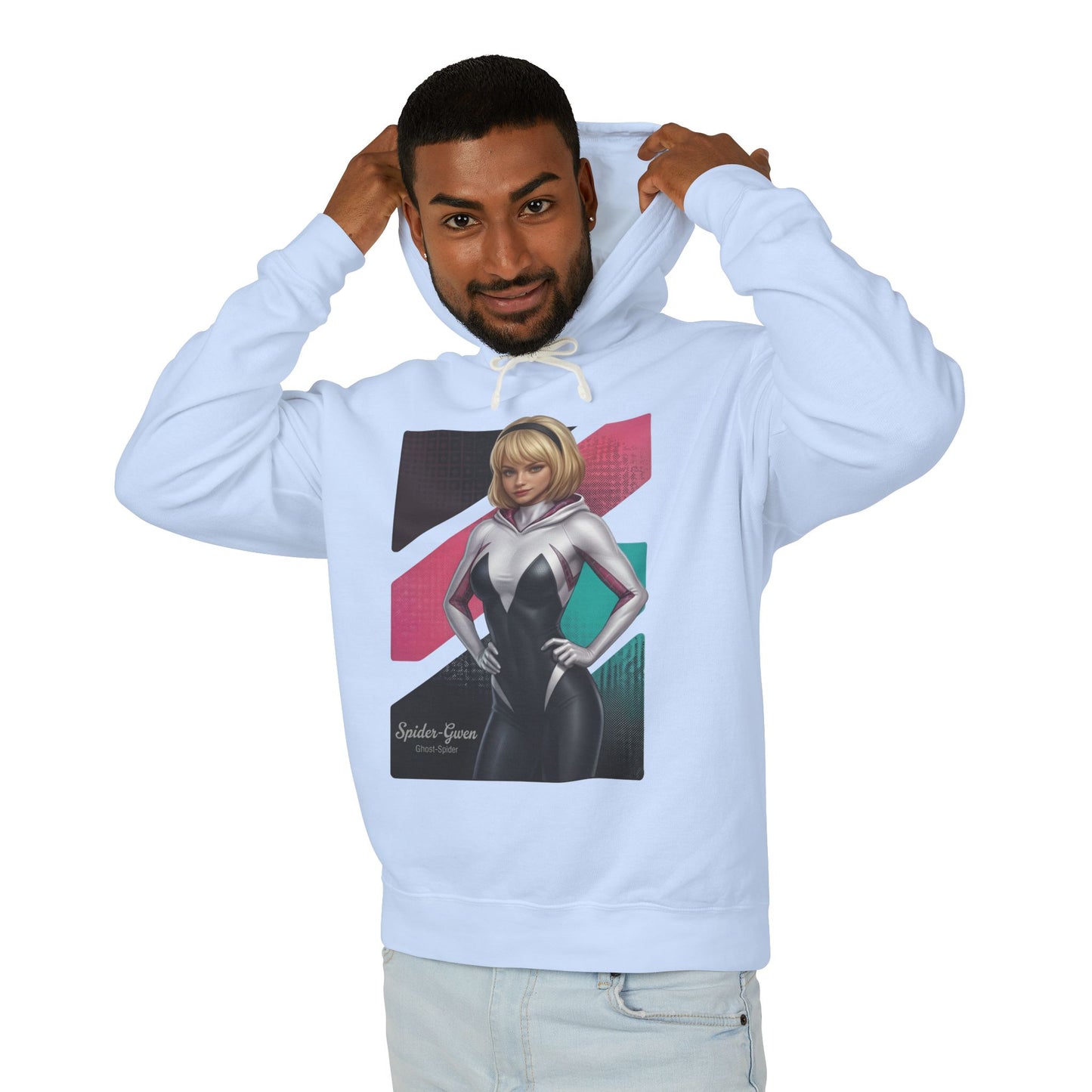 Spider-Gwen Hoodie | Marvel Comics Hoodie | Anime Spider Heroine Pullover - man wearing light blue pullover with anime Spider-Gwen graphic