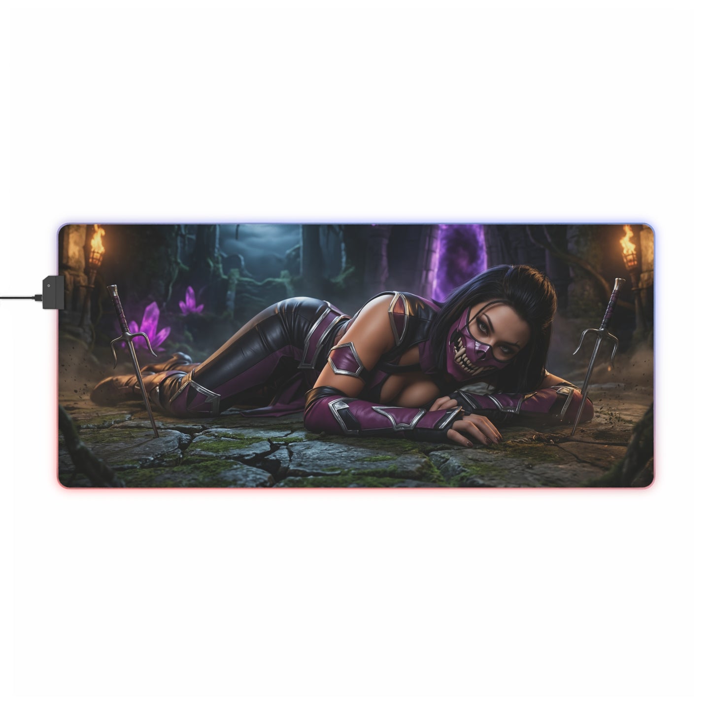 Mileena Desk Mat – LED RGB Pad, Waifu Fighter Anime Girl Setup showing fierce waifu fighter reclining on illuminated gaming mat