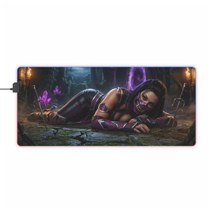 Mileena Desk Mat – LED RGB Pad, Waifu Fighter Anime Girl Setup showing fierce waifu fighter reclining on illuminated gaming mat