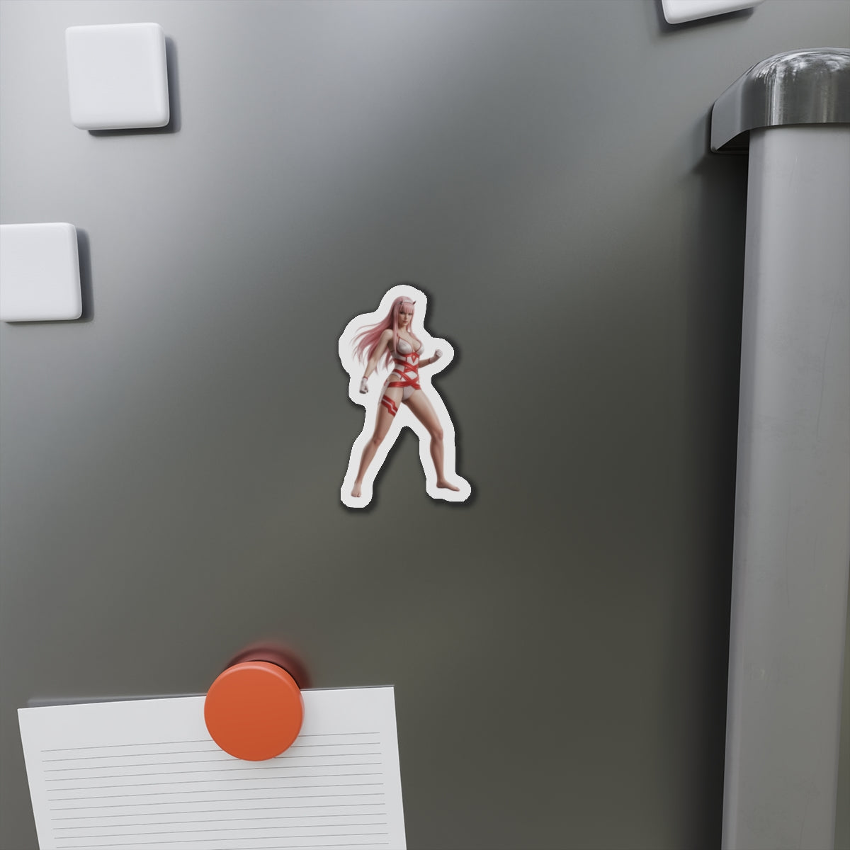 Zero Two Magnet – Anime Character Fridge Magnet, Sci-Fi Decor — die-cut vinyl fridge magnet showing confident Zero Two anime character on metallic fridge