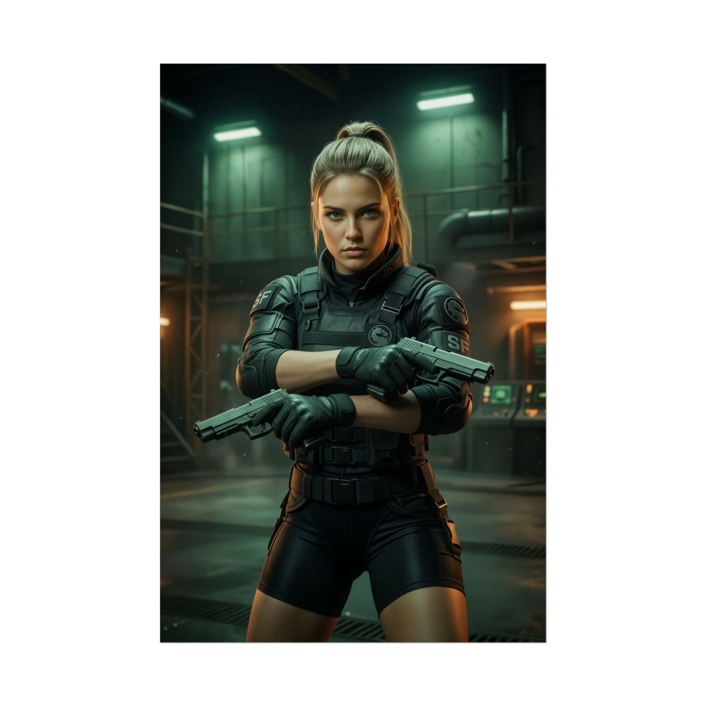 Sonya Blade Poster Mortal Kombat Wall Art Print Gaming Room Decor – tactical Sonya Blade with dual pistols in industrial gaming room lighting