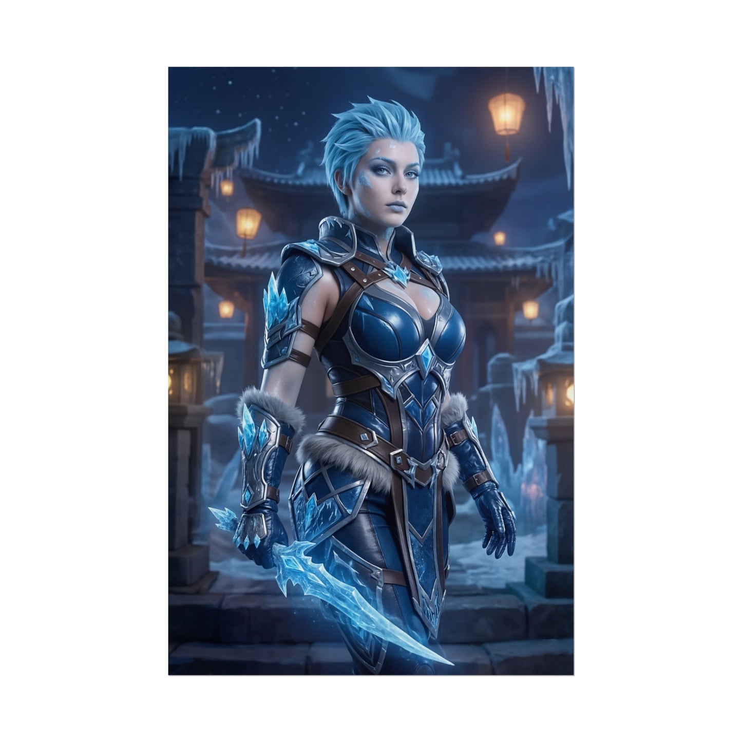 Frost Poster, Mortal Kombat Art Print – Iconic Cryomancer Fighter Wall Art showcasing Frost in icy armor with glowing ice dagger for gamer room decor