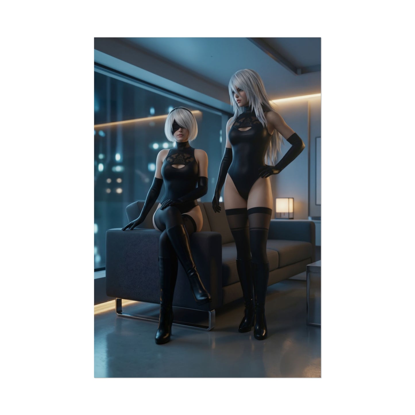 2B and A2 Poster, NieR Automata Art Print – Sci-Fi Android Wall Art featuring 2B and A2 in sleek black outfits in a modern gaming room