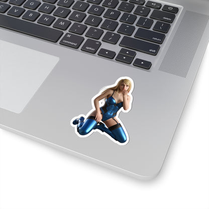 Samus Aran Sticker – Sci-Fi Game Vinyl Sticker for Laptops & Indoor Decor stuck on silver laptop showing glossy, detailed blue-suited character vinyl sticker