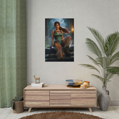 Lara Croft Poster / Lara Croft Wall Art / Lara Croft Art Print / Tomb Raider Poster featuring Lara Croft resting among misty ancient ruins, cinematic light