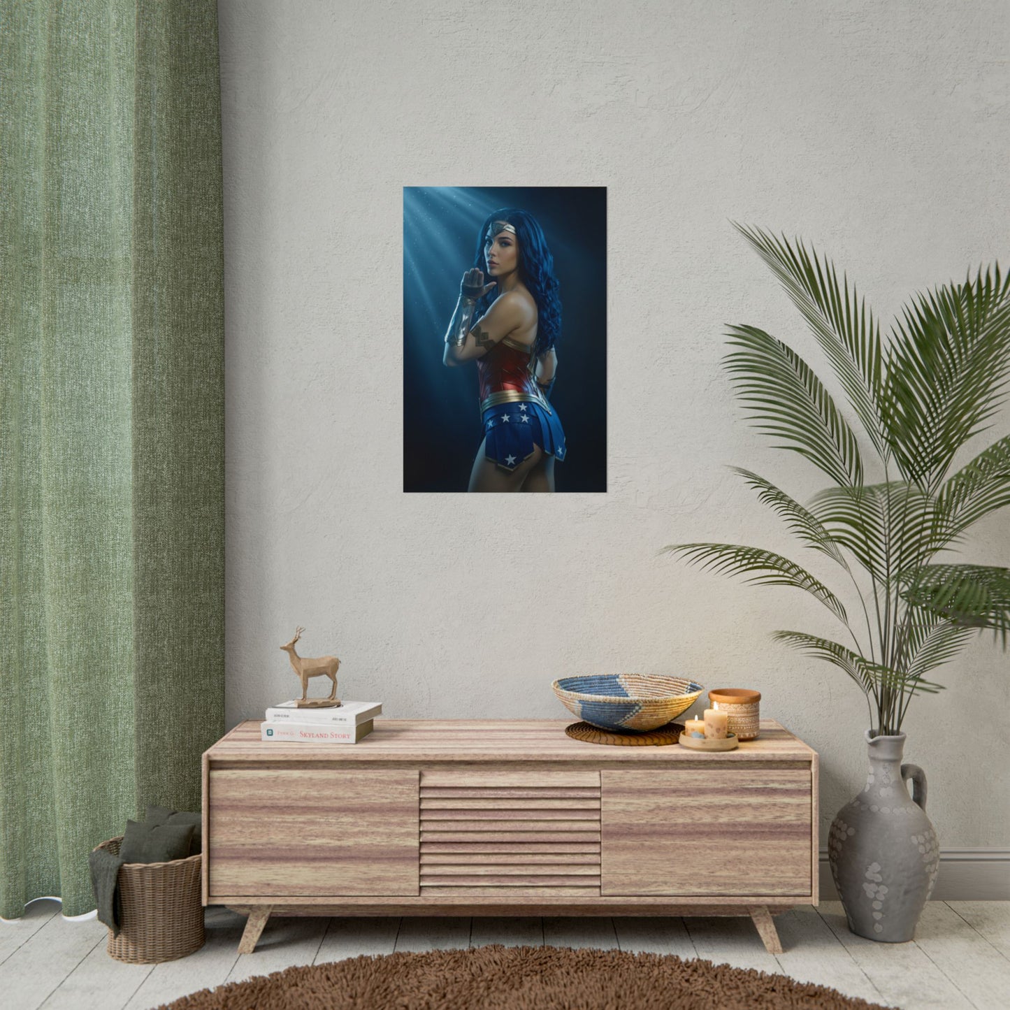 Wonder Woman Poster – Iconic Warrior Heroine Wall Art for Gamer Decor showcased in modern gaming room with vivid colors and high-resolution print