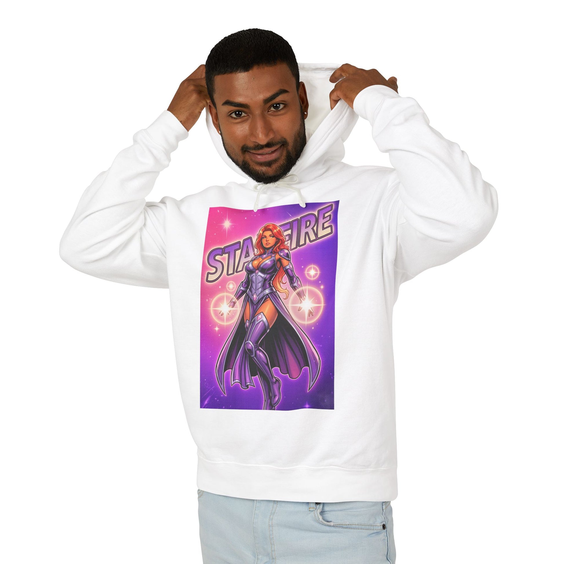 Starfire Hoodie | DC Superhero Hoodie | Cosmic Princess Pullover on white pullover worn by smiling man, vibrant Starfire graphic, soft cotton streetwear