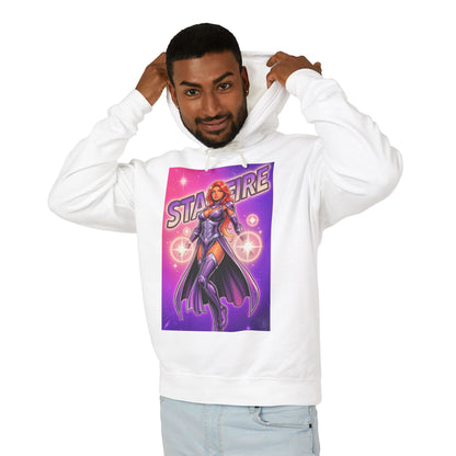 Starfire Hoodie | DC Superhero Hoodie | Cosmic Princess Pullover on white pullover worn by smiling man, vibrant Starfire graphic, soft cotton streetwear