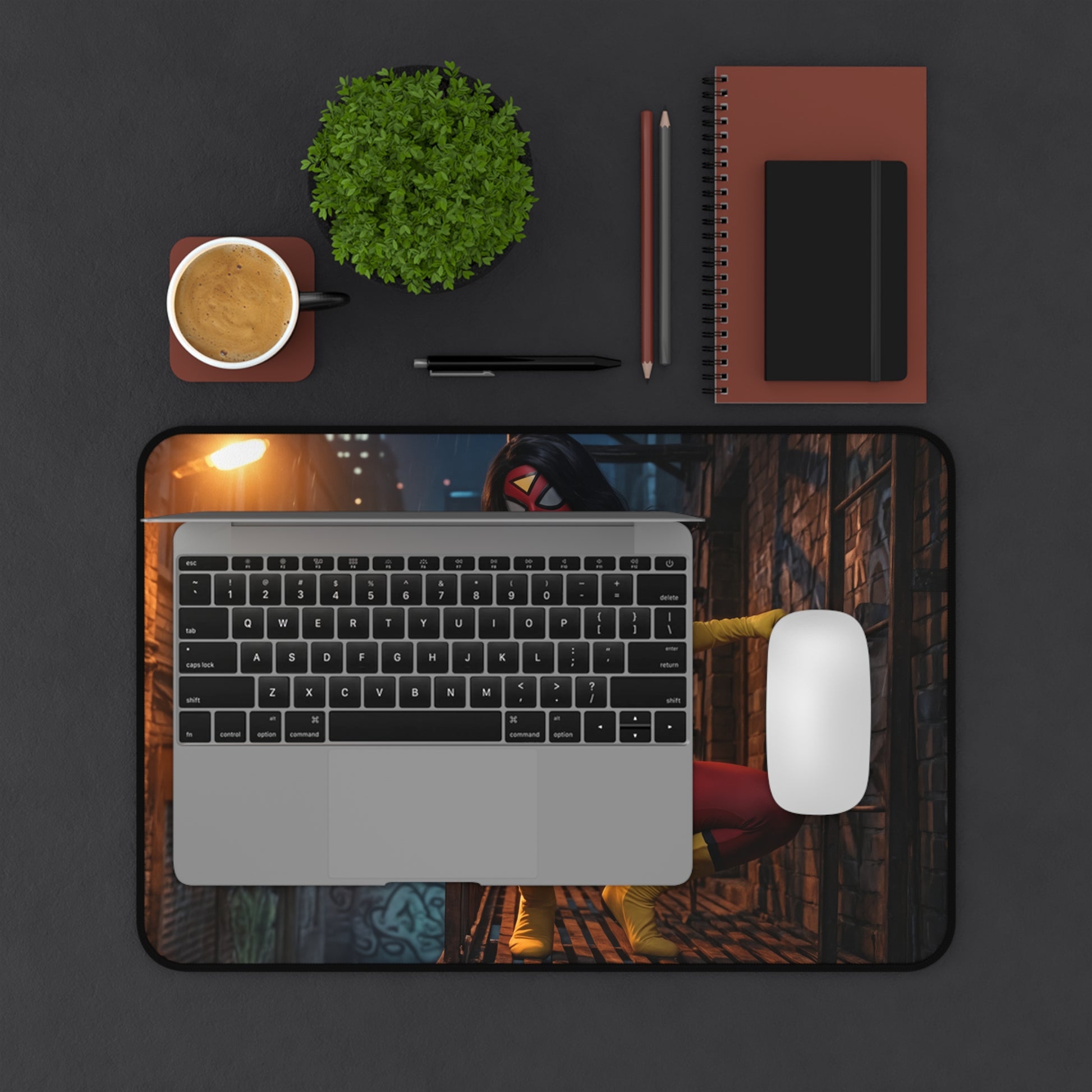 Spider-Woman Gaming Mouse Pad, Superhero Desk Mat, Comic Heroine Desk Setup on desk with laptop, mouse and coffee