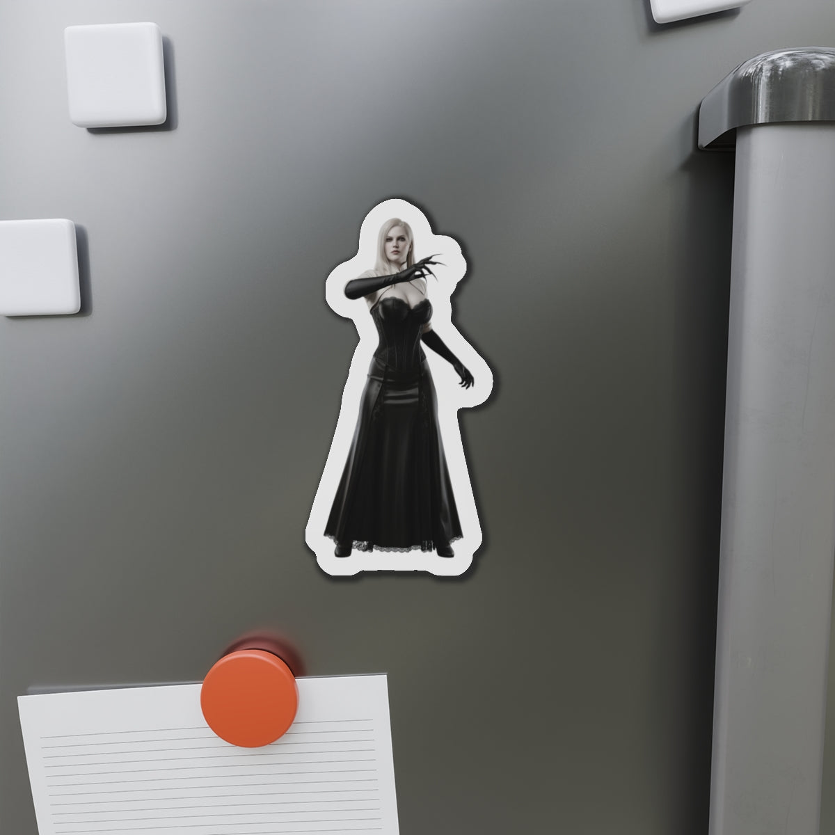 Lady Dimitrescu Magnet – Resident Evil Village Fridge Magnet, Game Decor — die-cut vinyl fridge magnet showing anime-style Lady Dimitrescu on metal surface