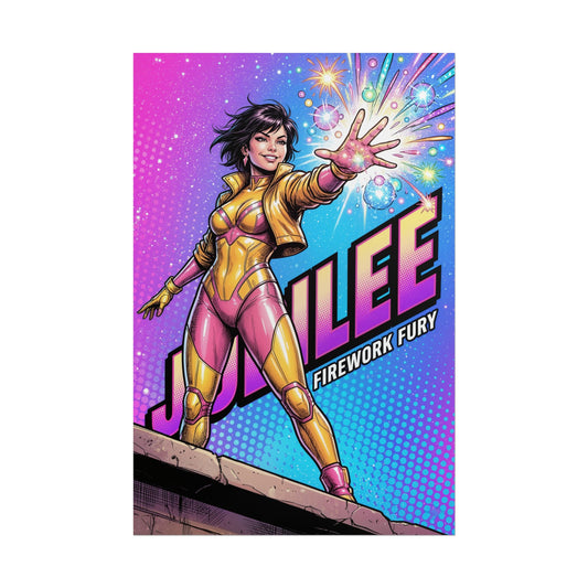 Jubilee Poster / Jubilee Wall Art / Jubilee Art Print / X-Men Poster - vibrant Jubilee unleashing colorful energy bursts in cosmic comic style