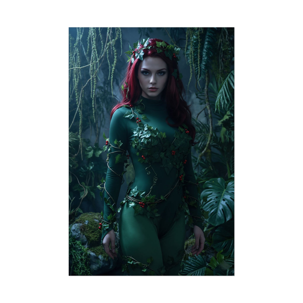 Alt Tag: Poison Ivy Poster, DC Art Print  Iconic Comic Villain Heroine Wall Art featuring lifelike Poison Ivy in lush green costume among vines