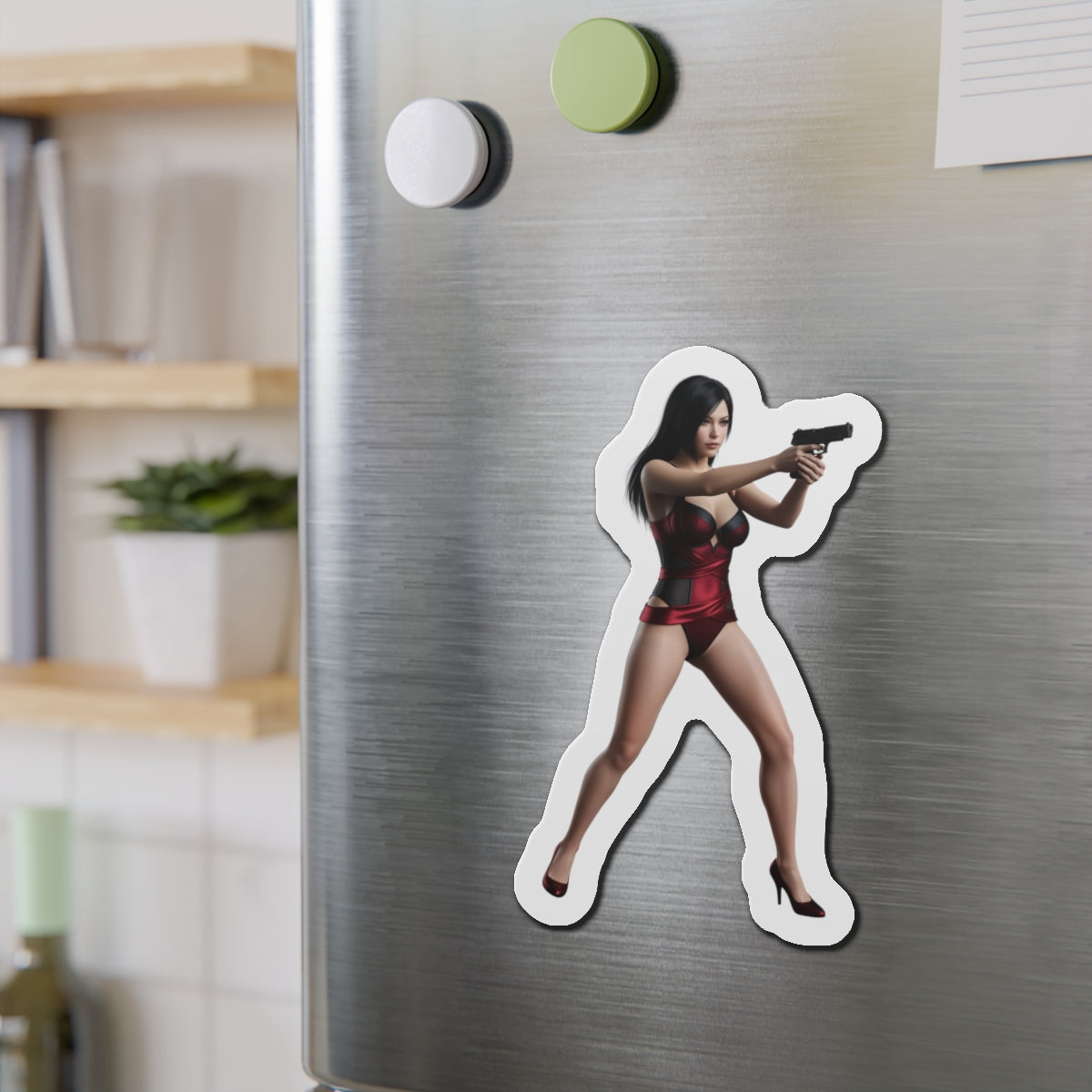 Ada Wong Magnet – Resident Evil Character Fridge Magnet, Anime Game Decor die-cut vinyl fridge magnet showing Ada Wong aiming a handgun