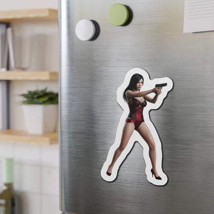 Ada Wong Magnet – Resident Evil Character Fridge Magnet, Anime Game Decor die-cut vinyl fridge magnet showing Ada Wong aiming a handgun