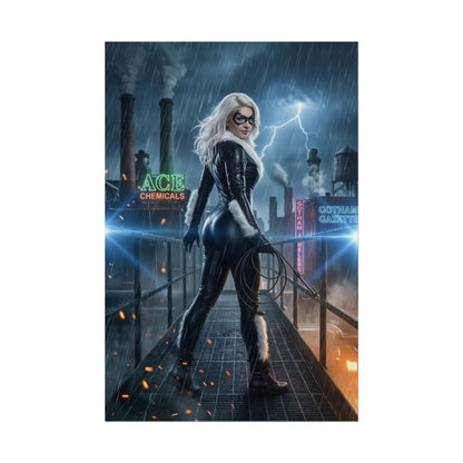 Black Cat Poster, Marvel Art Print – Iconic Comic Anti-Heroine Wall Art featuring Black Cat in leather suit on rainy rooftop with lightning and city neon