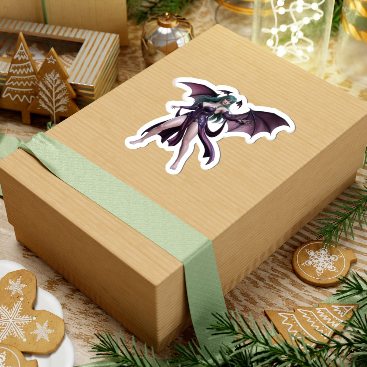 Morrigan Aensland Sticker – Darkstalkers Vinyl Sticker for Laptops & Indoor Decor on a gift box, glossy vinyl decal featuring Morrigan Aensland artwork