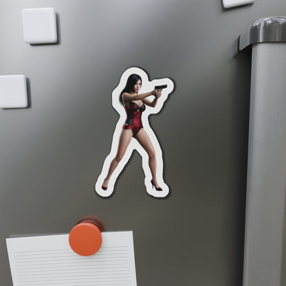 Ada Wong Magnet – Resident Evil Character Fridge Magnet, Anime Game Decor — die-cut vinyl fridge magnet of Ada Wong aiming a pistol