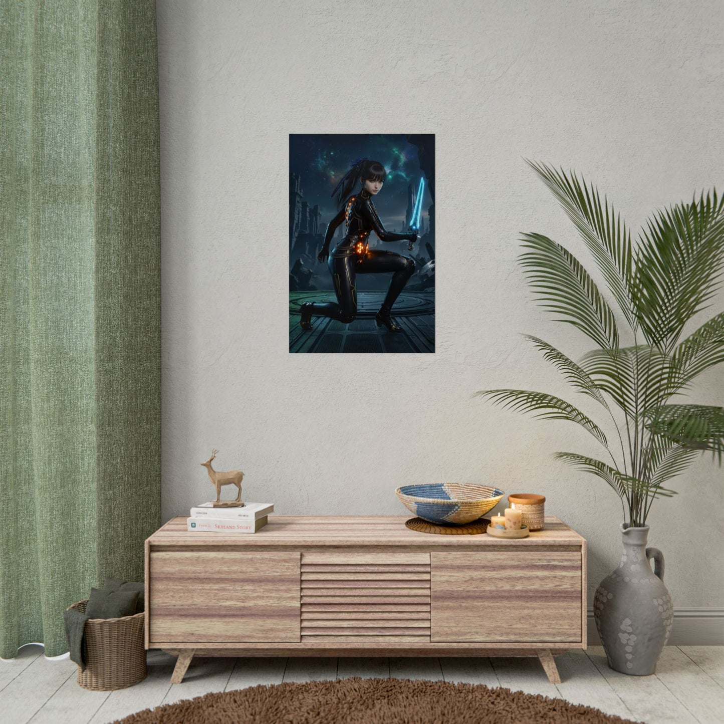 EVE Poster, Stellar Blade Art Print, Legendary Android Warrior on a futuristic gaming room wall featuring a calm focused android with glowing blade