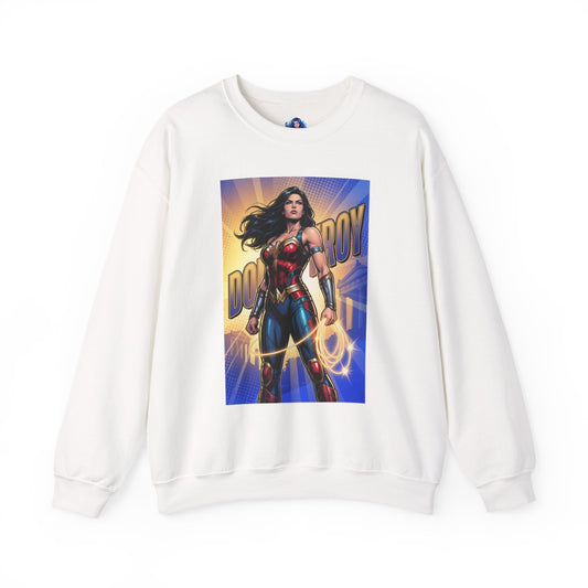 Donna Troy Sweatshirt, DC Comics Hero Art, Premium Warrior Apparel — white crewneck with Donna Troy red-and-blue armor and golden lasso artwork