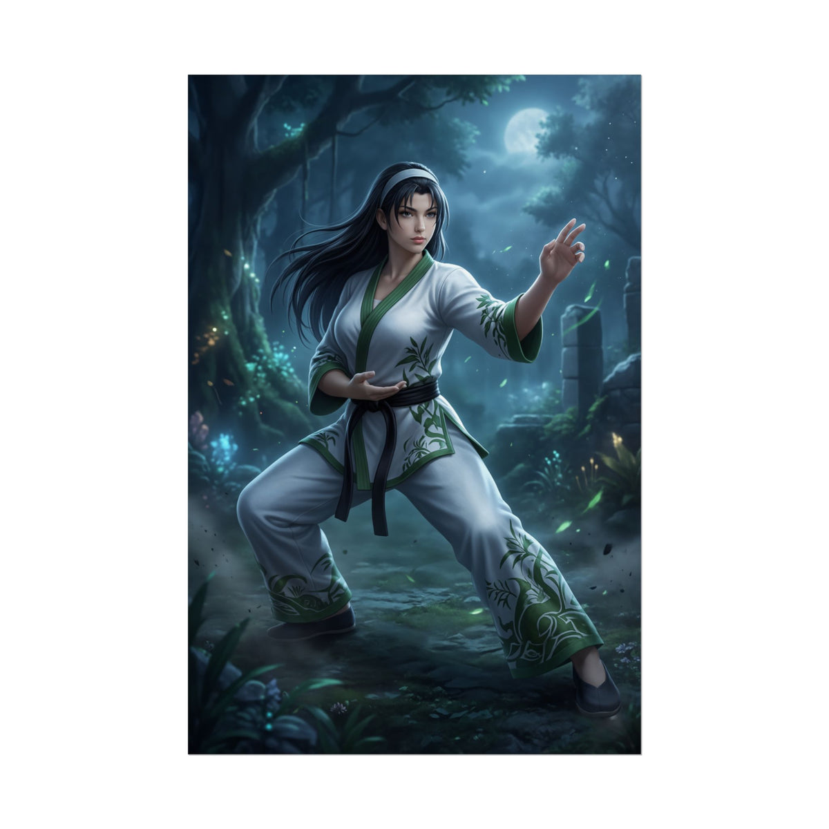 Jun Kazama Poster, Tekken Art Print  Iconic Fighting Game Heroine: serene martial artist poster in moonlit forest, high-res gaming room wall art