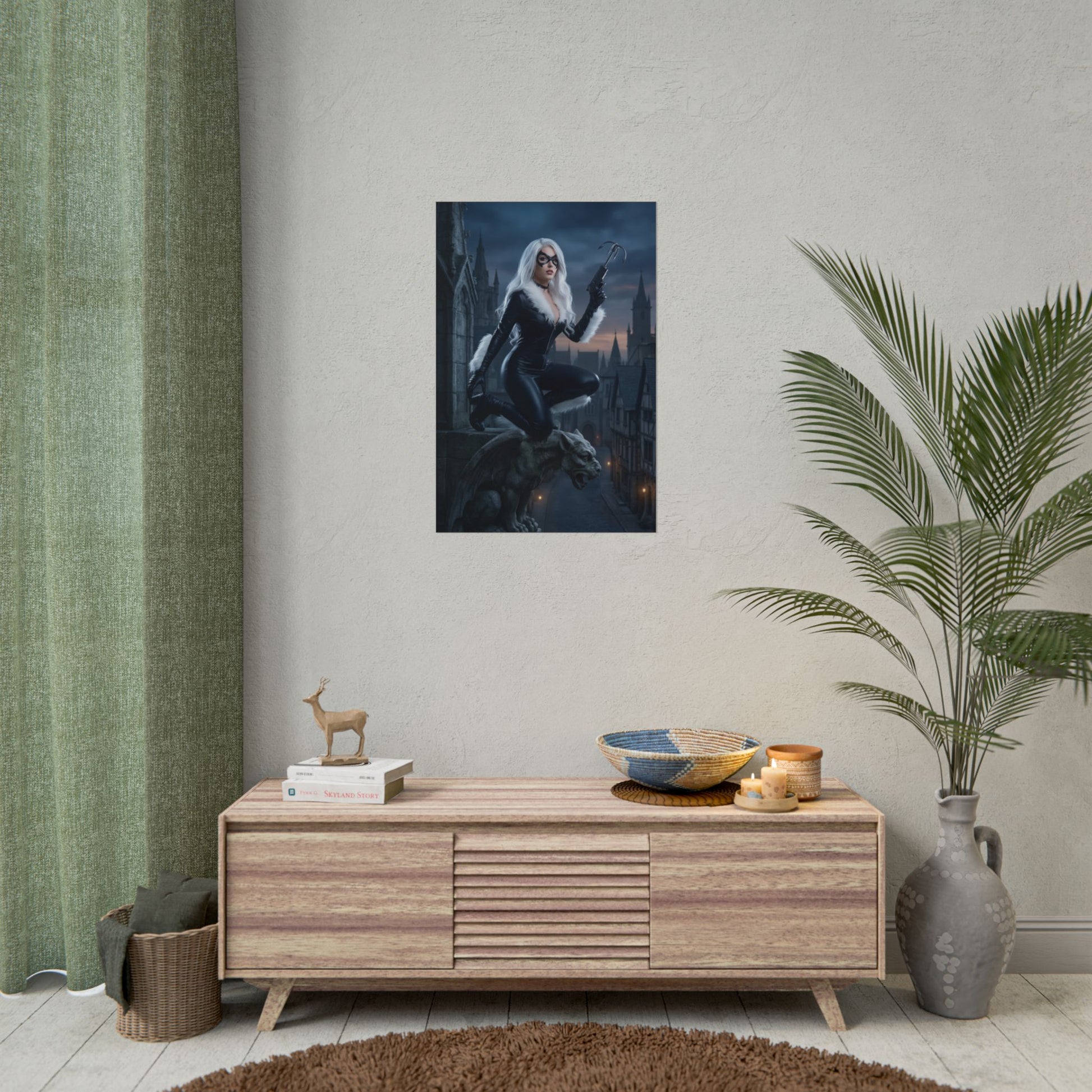 Black Cat Poster, Marvel Art Print – Iconic Anti-Heroine Wall Art framed on modern living room wall above console, bold gamer room decor