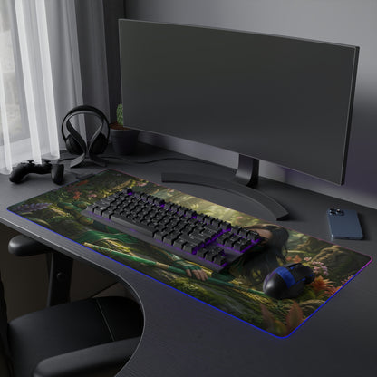 Jade Desk Mat – LED RGB Pad, Waifu Fighter Anime Girl Setup showing warrior anime girl on RGB gaming desk mat with smooth precision-cloth surface