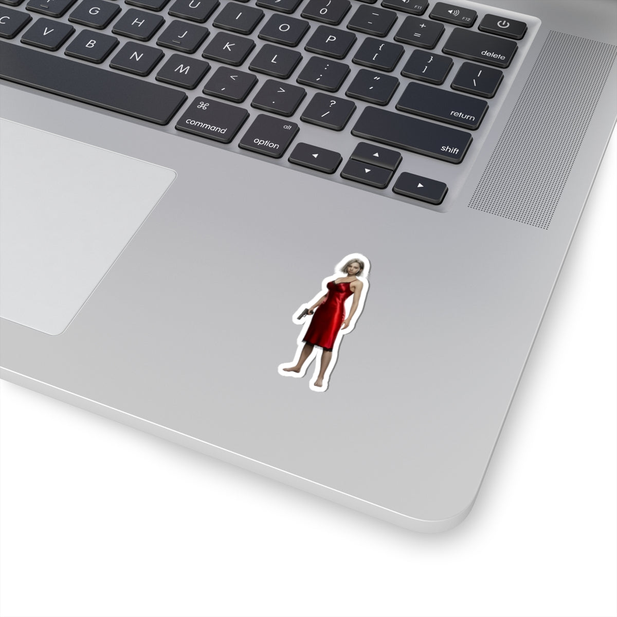 Grace Ashcroft Sticker, Resident Evil Sticker, Laptop Sticker, Gaming Fan Gift – vinyl laptop sticker of Grace Ashcroft in red dress on silver laptop