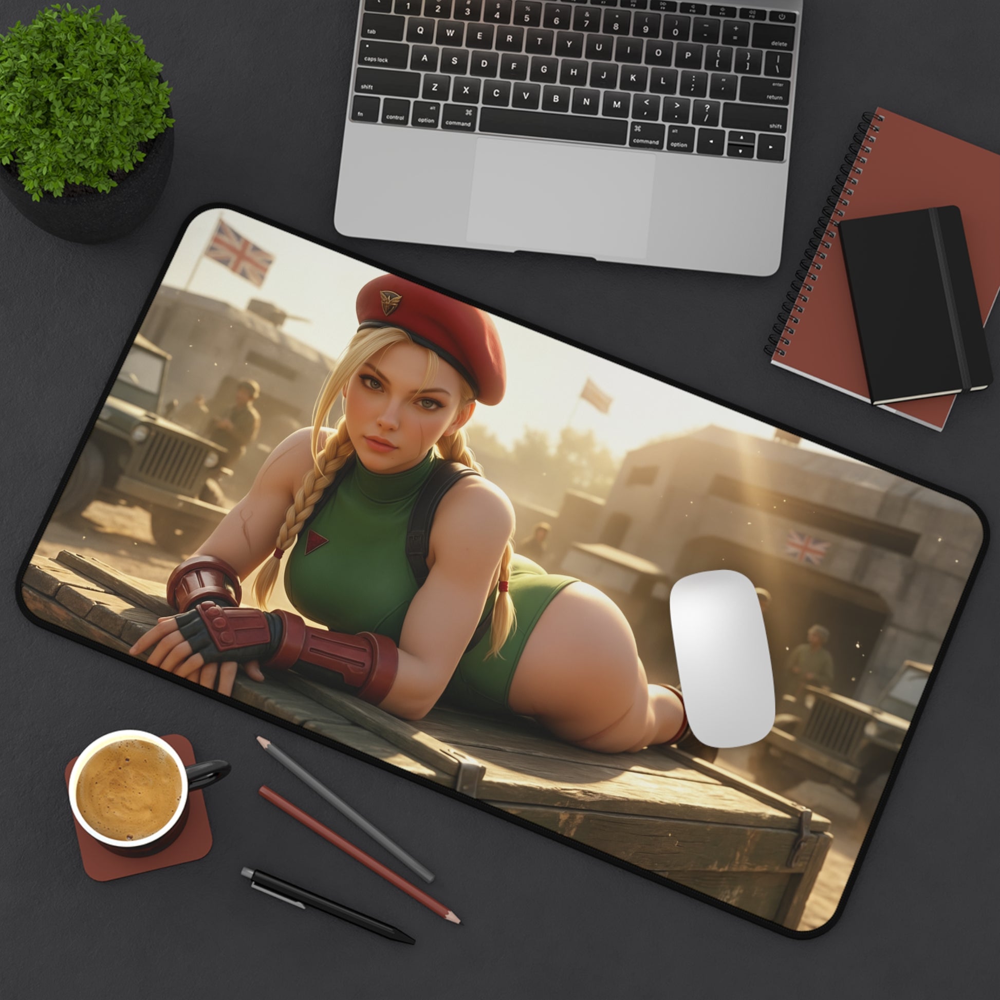 Cammy White Gaming Mouse Pad, Street Fighter Desk Mat, Anime Fighter Girl Setup on desk mat with Cammy reclining beside laptop and mouse