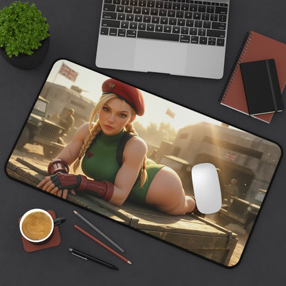 Cammy White Gaming Mouse Pad, Street Fighter Desk Mat, Anime Fighter Girl Setup on desk mat with Cammy reclining beside laptop and mouse