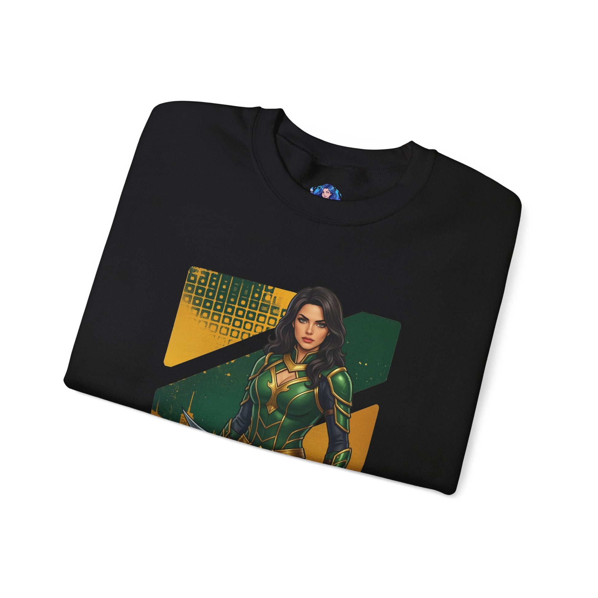 Talia al Ghul Sweatshirt, DC Comics Crewneck, Elegant Villain Apparel for Fans – black crewneck with detailed Talia portrait and green-gold design