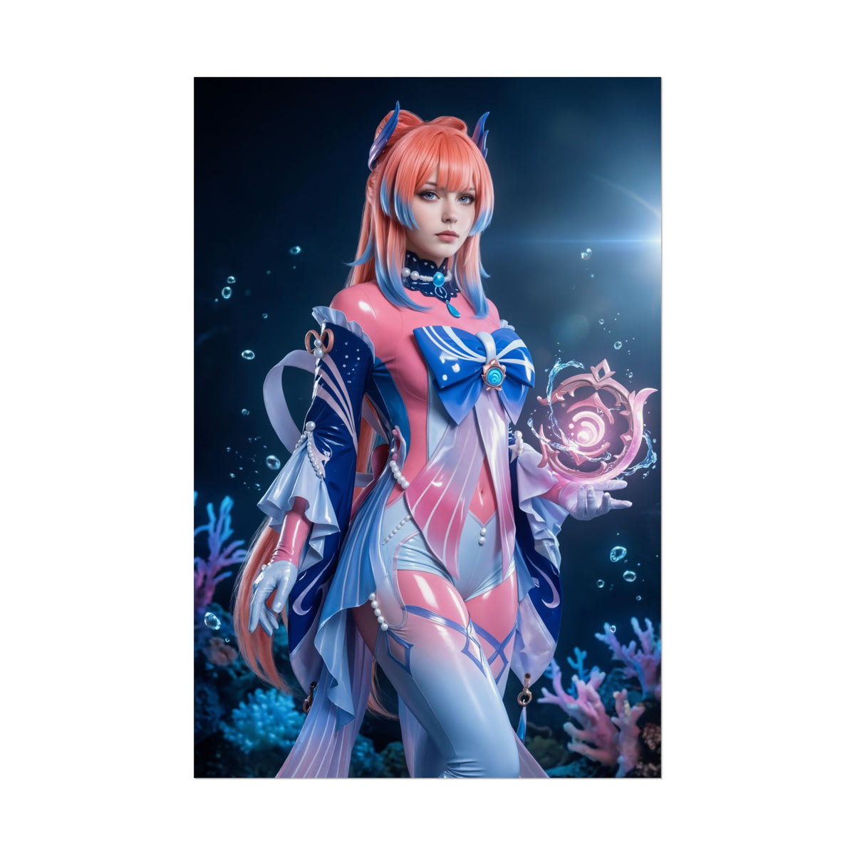 Kokomi Poster, Genshin Impact Art Print  Iconic Hydro Priestess Wall Art showcasing graceful Hydro priestess character in serene underwater cosplay scene